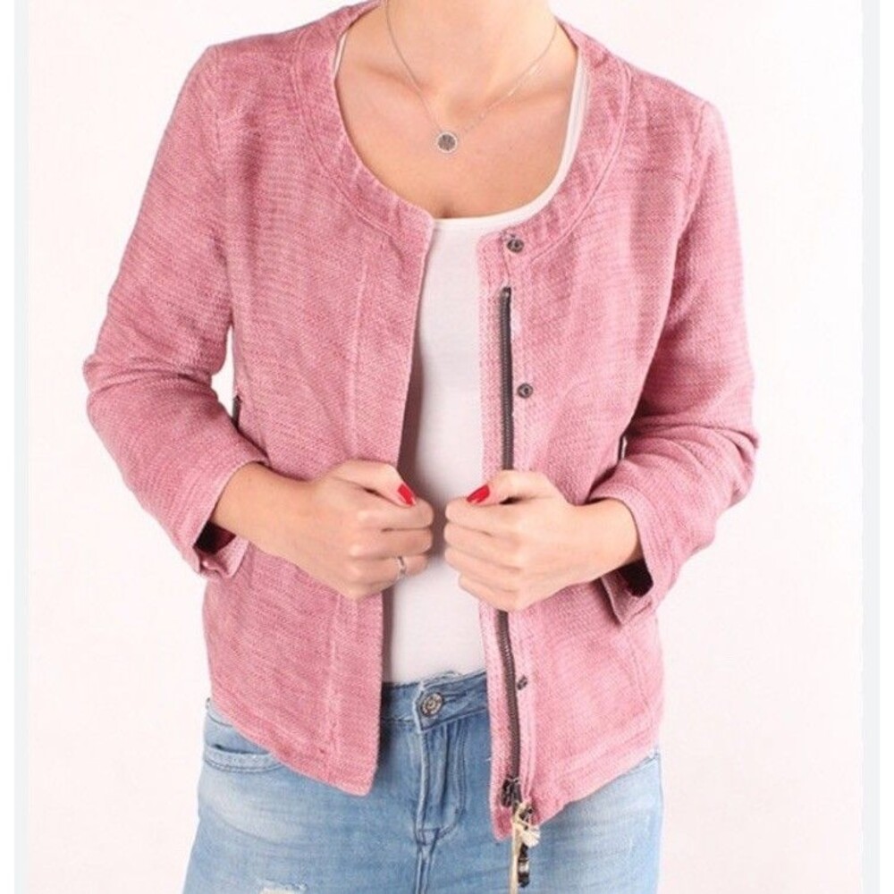 REPLAY Tweed Cotton Jacket Motto Blazer Size Large Pink Full Zip Up Y2K Classic